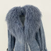 Lady Denim Jacket Mongolian Fur Collar Jacket Autumn Winter Long Trench Coat Fur Detachable Collar Fur Overcoats
