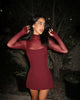 Sexy Women's Burgundy Mini Dress Turtleneck Transparent Long Sleeve A-line Short Dresses Evening Party Prom Cocktai