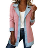 Women Ribbed Denim Patchwork Blazer Lapel Long Sleeve Single Button Casual Mid Length Jacket Ladies Spring Autumn Outerwear