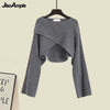 Spring Autumn Dress Matching Set Women's Vintage Short Knitted Sweater Suspended Skirt Two Piece Female Clothing Suit