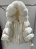 Lagabogy Winter Large Real Fur Hooded Puffer Jacket Women White Duck Down Mid Long Parka Thick Warm Knitted Sleeve Coat