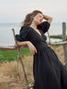 100% Cotton V-neck Waist Cinched Dress Unique Lantern Sleeve Sexy Slit Long Skirt Women's Casual Dresses