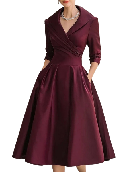 Style Elegant Waist Slimming Long-sleeved Party Dresses for Women Autumn Female Pleated Pocket A-line Midi Dress Vestidos