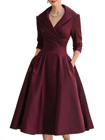 Style Elegant Waist Slimming Long-sleeved Party Dresses for Women Autumn Female Pleated Pocket A-line Midi Dress Vestidos