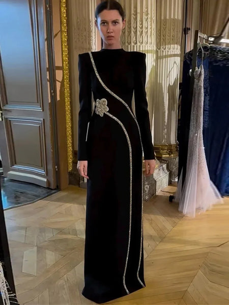 High Street Designer Party Vestido Women's Formal Long Sleeve Diamonds Beading Long Maxi Dress