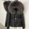 Oftbuy Winter Real Fox Fur Collar Coat Women Duck Down Jacket Female PU Leather Belted Hooded Warm Duck Down Parka Outerwear