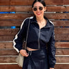 Color Block Cropped Anorak Jacket Women Stand Collar Half Zip Kangaroo Pocket Long Sleeve Jackets Autumn Casual Chic Coat