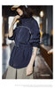 Women's Lightweight Stand Collar Short Windbreaker Jacket Navy Blue Contrast Parka with Waist Cinching for Spring and Fall