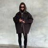 Dark Brown Hooded Hybrid Belted Jacket Oversize Long-Sleeve Spring Elegant Women Outerwear Office Casual Overcoat