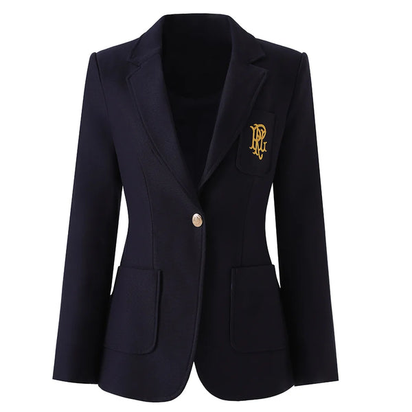 Navy Blue Blazer Autumn Winter Sophisticated Embroidered Suit Slim Fit Preppy Micro-Logo Blazer Ropa Mujer Woman Traf
