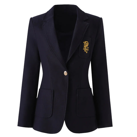 Navy Blue Blazer Autumn Winter Sophisticated Embroidered Suit Slim Fit Preppy Micro-Logo Blazer Ropa Mujer Woman Traf