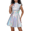 Metallic Women's Shiny Dress Holographic Solid Color Turtleneck Pleated Dress Carnival Costume Gold Silver Rave Dress Outfits