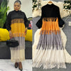 Tassel Patchwok Color Block Dress for Women Pleated Puff Sleeve Mid-calf Dresses Female Autumn