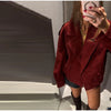 Red Suede Lapel Moto Jacket Oversized Zipped Long Sleeve Autumn Women Streetwear Biker Coat Versatile Lady Jaqueta