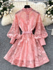 Women Elegant Floral Emboridery Dress Hollow Out Long Sleeve Single Breasted Belt French Court Chic Short A Line Dress