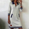 Autumn Winter Versatile Women's Dress Casual Contrasting Color Splicing Lapel Long-sleeved Loose Dress With Pockets