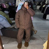 Women's Stripe Cotton Padded Coat Pant Set Loose Full Sleeve Hooded Zipper Jacket Elastic Waist Pants Winter Suits