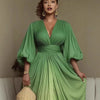 Gradient Printed Ruched Dress for Women's Sexy V-Neck Lantern Sleeve Split Hem Formal Evening Party Club Elegant Dresses