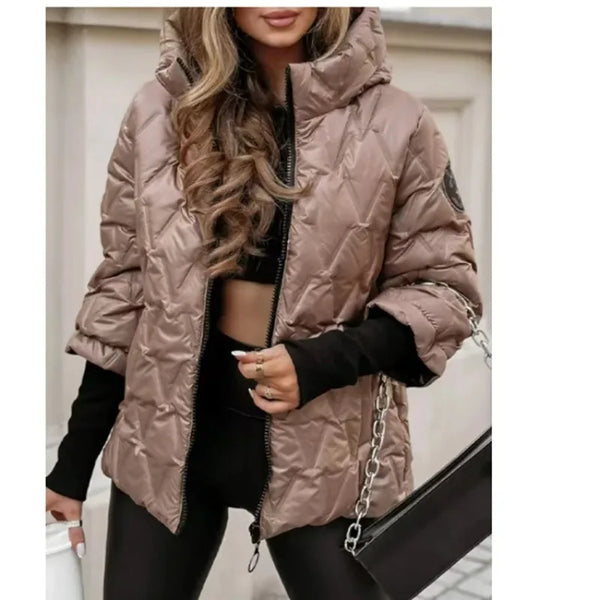 Autumn Winter Hooded Loose Long Sleeve Patchwork Cotton Jacket for Women