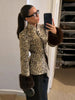 Leopard Patchwork Faux Fur Cuff Coats Women Round Neck Long Sleeve Single Breasted Slim Jacket Chic Ladies Outerwears