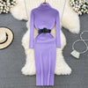 Elegant Turtleneck Long Sleeve Knit Soft Tight Pencil Dress with Belt Slim Warm Sweater Vestido Sexy Women Winter Robe