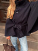 Women's Brown Belt Cropped Poncho Jacket For Women Demi-season Button Cape Cloak Coat Jackets Winter Autumn Spring Black White