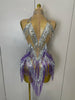 Stock Women Sexy Stretch Mesh Sparkly Rhinestone Tassels Mini Dress Nightclub Singer Dance Stage Costume Evening Gowns