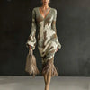 Women's Vintage Camo Print Knitted Maxi Dress Elegant V-Neck High Waist Flare Long Sleeve Slim Fit Tassel Hem Sweater Chic Dress