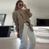 Turtleneck Short Checkered Coat Women Double Breasted Long Sleeve Outerwear Autumn Lady Daily Casual Jacket