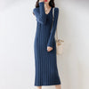 Women Pure Wool Sweater Dresses Long Sleeve Purllover 100% Merino Wool V-neck Knitwear Spring Autumn Grace Striped Dresses