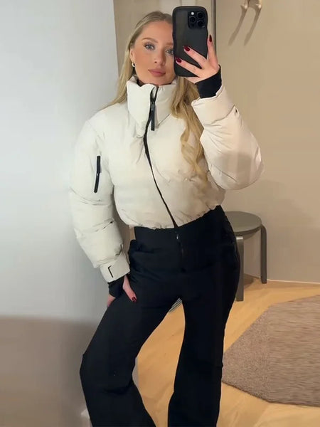 Skiing Long Pant Sets For Women Thick Stand Collar Cotton Jacket High Waist Wide Leg Trouser 2 Pieces Sets Skateboard Outfit
