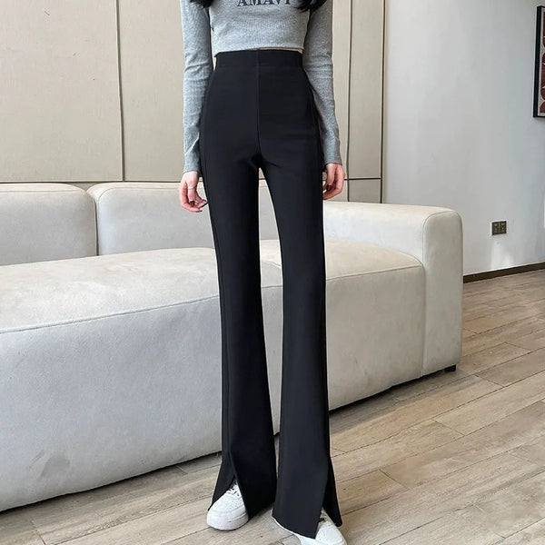 Black Front Split Flares Pants Women High Waist Elastic Slim Fit Wide Leg Pants Woman Y2K Simple Trousers