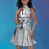 Women Metallic Shiny Dress Holographic Solid Color Turtleneck Pleated Dress Carnival Costume Gold Silver Rave Dress Outfits
