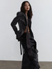 Women Dark Gray Pu Leather Irregular Slit Blazer Lapel Long Sleeve Jacket Tide Spring Autumn 1DH4722