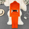 Elegant Turtleneck Long Sleeve Knit Soft Tight Pencil Dress with Belt Slim Warm Sweater Vestido Sexy Women Winter Robe