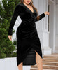 Elegant Velvet Bodycon Dress Women Sexy Wrapped V-neck Long Sleeve Ruched High Waist Midi Dress Party Cocktail Dresses Vestidos