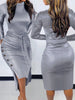 Classic Bodycon Lace-up Women's Dress Solid Hip Wrap Buttons Midi Short Dressses With Sleeves High Neck Woman Clothing