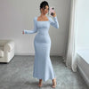 Elegant Long Sleeve Fish Tail Dress Women's Slim Fit Sexy Gown Full Length Ankle Skirt Regular Waistline