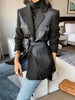 Autumn Black Wool Blends Patchwork Leather Jacket Women with Many Pockets Long Sleeve Korean Streetwear