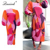 O-Neck Long Lantern Sleeve Loose Mid Dress Women Print Patchwork Pleated Gown Evening Holidays Festivals Birthday Robe