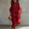 Vintage Solid Tiered Ruffle Mesh Dress Women Crew Neck Loose Batwing Sleeve Sheer Maxi Dress Elegant Holiday Travel Casual Dress