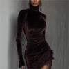 Long Sleeve Lace Patchwork Sexy Velvet Dress Women Autumn Winter Turtleneck Party Dress Elegant Slim Simple Ladies Dress