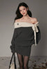 Vintage Off Shoulder Knit Dress Women Autumn Winter Sweet Style Long Sleeve Bow Design Dress Thick Warm Elegant Outfit