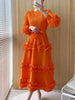 Elegant Women Pleated Dress O Neck 3D Floral Long Sleeves Fungus Spliced Design A-line Dresses Party 2AA1375