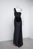 Wine Sequin Evening Dress Elegant Women One Shoulder Draped Split Wedding Party Prom Dresses Bridesmaid Wine Long Gown