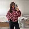 Casual Long Sleeve Zipper Knitted Coat Stand Collar Stripe Knitting Cardigan for Women Spring Autumn Female Sweater