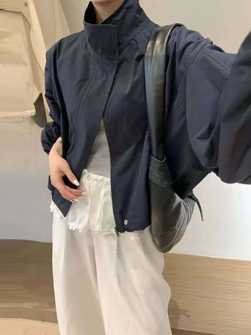 Women's Short Trench Coats Simple Design Solid Stand Long Sleeve Zipper Windbreaker Autumn Casual Lady Jacket