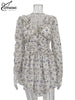 White Print Women's Dress Elegant V-Neck Ruffled Long Sleeve Dresses Autumn High Waisted Pleated Mini Dresses