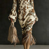 Women's Vintage Camo Print Knitted Maxi Dress Elegant V-Neck High Waist Flare Long Sleeve Slim Fit Tassel Hem Sweater Chic Dress
