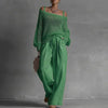 Chic Mesh Knit Sweater Two Piece Set Women Off Shoulder Drawstring Baggy Wide Leg Trousers Suit Casual Streetwear Holiday Outfit